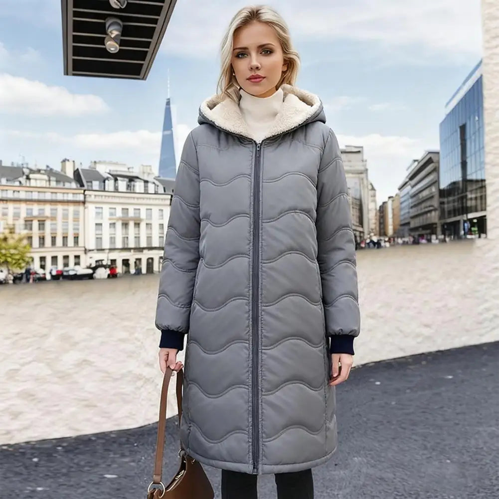 2025 Women's Long Puffer Coat Winter Fleece Lined Thickened Down Jacket Windproof Warm Quilted Parka Zip Up Hooded Cotton Coat