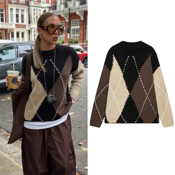 Women's Top 2025 Autumn New Style Color-Block Diamond Pattern Long-Sleeve Round-Neck Loose Knit Pullover Casual Fashionable