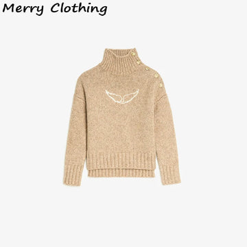 High Collar Women's Sweater Wing Printed Pullovers Chic Button Long Sleeve Comfort Top 2025 NEW Casual Autumn Lady Sweaters