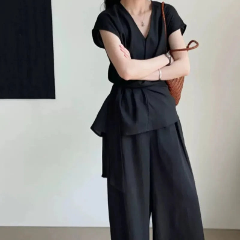 Fashionable Solid Color V-neck High-end Strapped Waist Vest Pullover Loose Wide-leg Pants Two-piece Versatile Set