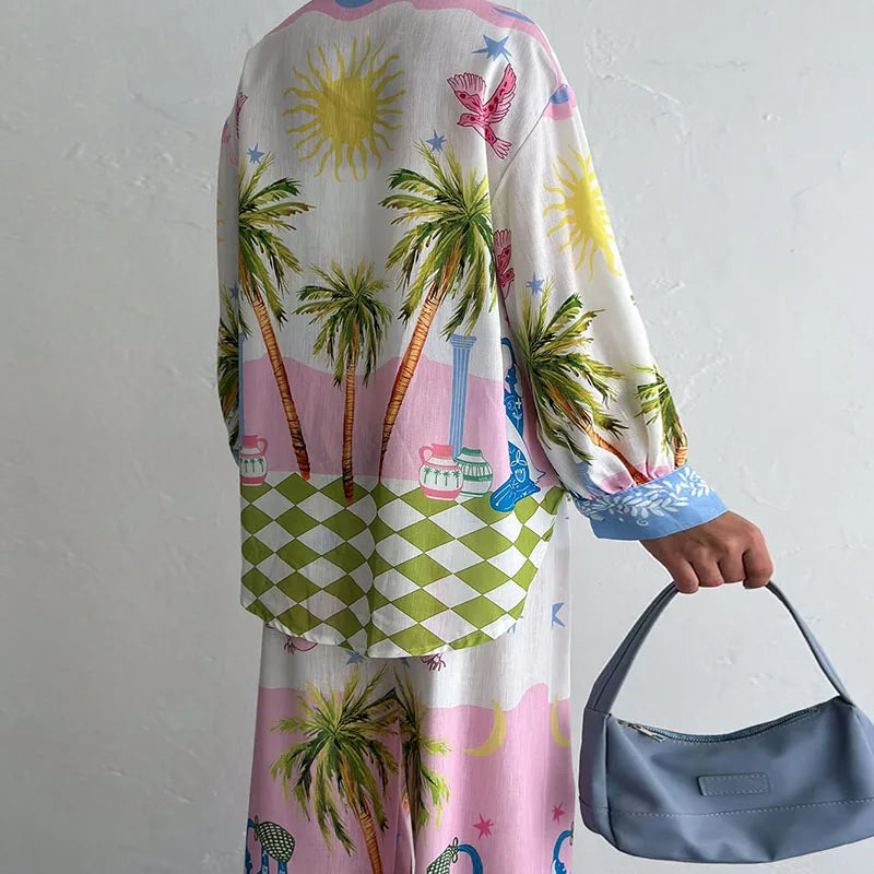 Autumn Fashion Printed Linen Tops & Long Pant Sets Summer Woman Beach Holiday Suit Casual Loose High Waist Wide Leg 2 Piece Sets