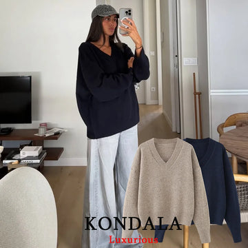 KONDALA Casual V Neck Soft Knit Sweater Women V Neck Long Sleeve Loose Pullovers Fashion 2025 Autumn Winter Office Lady Tops