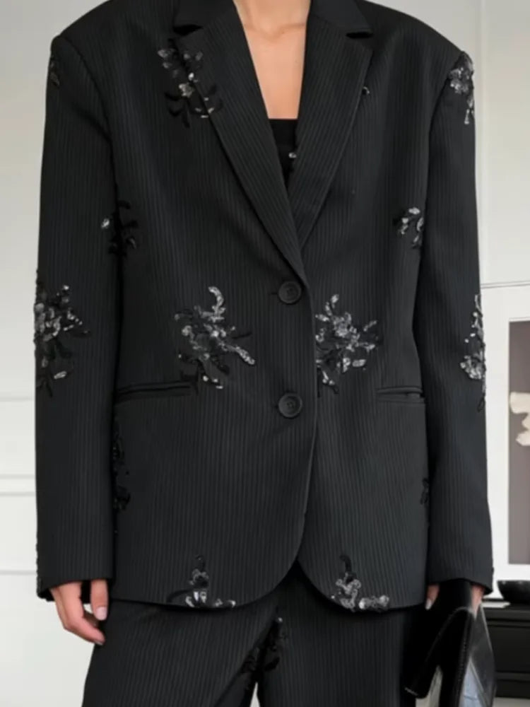 Women Black Sequin Embroidery Blazer 2 Piece Set Full Sleeve Lapel V-neck Coat Wide Leg Pants Suit 2026 Lady Spring Autumn Wears