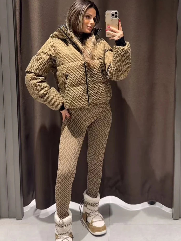TFMLN Winter Warm Two Piece Set For Women Fashion Retro Turtleneck Long Sleeve Print Top Slim Fit Pants Casual Simple Lady Suit