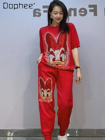 Spring and Summer Knitted Sweater Short-sleeved Top and Trousers Women's Two-piece Sets Hot Diamond Cartoon Loose Casual Suit