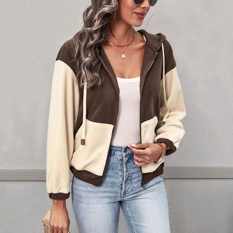 Plus Size 2025 Autumn Winter Women's Zipper Hooded Patchwork Fleece Jacket Casual Comfortable Polyester Long Sleeve Coat Hood...