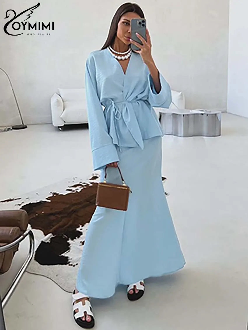 Oymimi Fashion Blue Women's Two Pieces Set Elegant V-Neck Long Sleeve Lace-Up Shirts And Straight Simple Ankle-Length Skirts Set