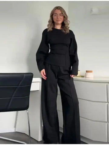 Woman's Casual Solid Two-piece Set Fashion O-neck Long Sleeves Slim Tops Wide-leg Pants Suits Autumn Winter Lady Office Outfit