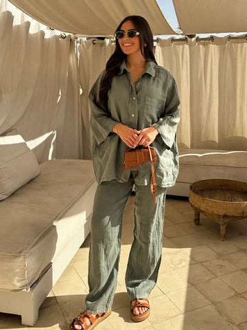 New Summer Autumn Cotton Linen Women's Suit Fashion Shirt Two-piece Set For Women Elegant Casual Loose  Woman 2 Piece Set Outfit