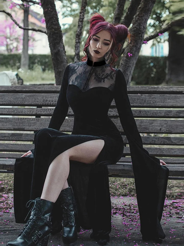 AltGoth Halloween Gothic Velvet Dress Women Vintage Lace Patchwork Flare Sleeve Long Dress Vintage Witch Dark Goth Party Dress