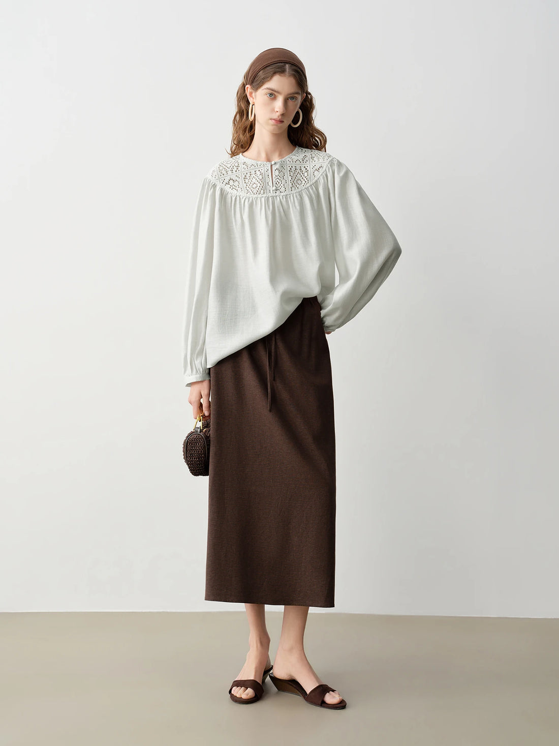ZIQIAO 2026 Spring Women's Acetate Openwork Panel Round Neck Shirt - Artistic Design Casual Top for Daily and Office Wear