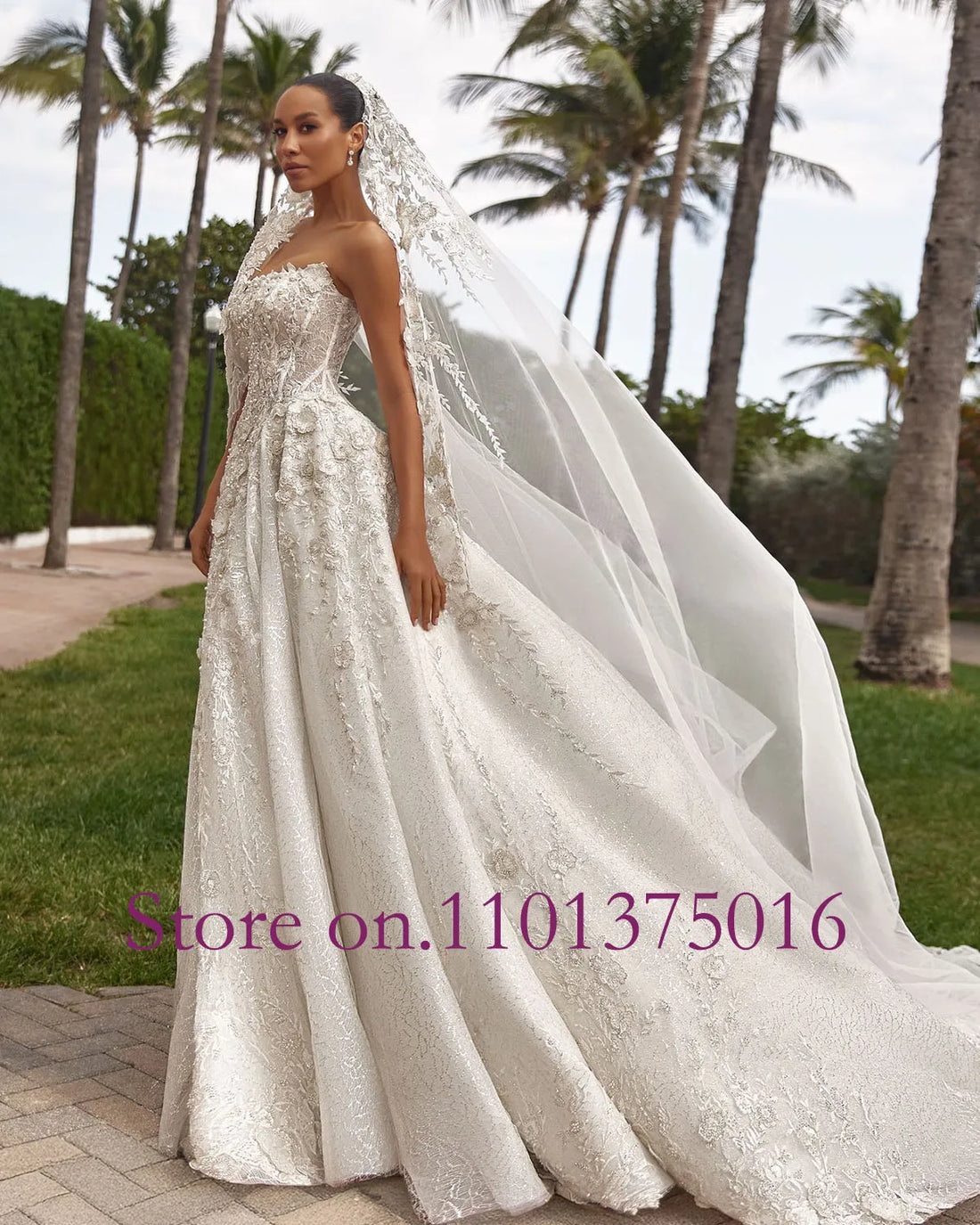 New Arrivals Strapless Neck Lace Up Back Beads Pearls Flowers Appliques Lace A-Line Bridal Wedding Dress Vestido De Novia