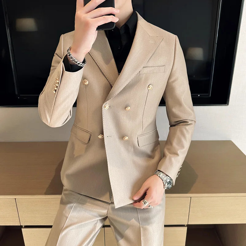 2023 (Blazer+ Pants) Men's Metal Fashion Business Double-breasted Korean Version Casual Gentleman Wedding Suit 2-piece Set