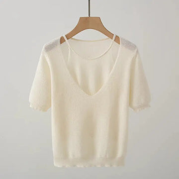 Women's Clothing Fashion Two Piece Casual T-shirts Summer Casual Short Sleeve Pullover Lady V-neck Breathable Solid Color Tops