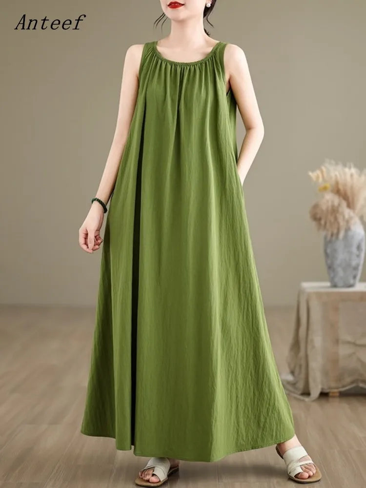 Sleeveless Plus size vintage new in dresses for women casual loose long summer dress elegant clothing 2025