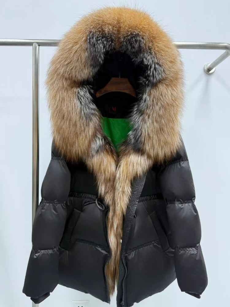 Natural Real Fur Fox Fur Jacket Thick Women Loose Hooded White Goose Down Coat Warm Female New Autumn Winter Puffer Jacket Lady