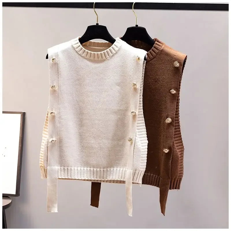 Women's waistcoat spring and autumn outer wear pullover sweater 2024 fashion casual new ladies sleeveless round neck knitted top
