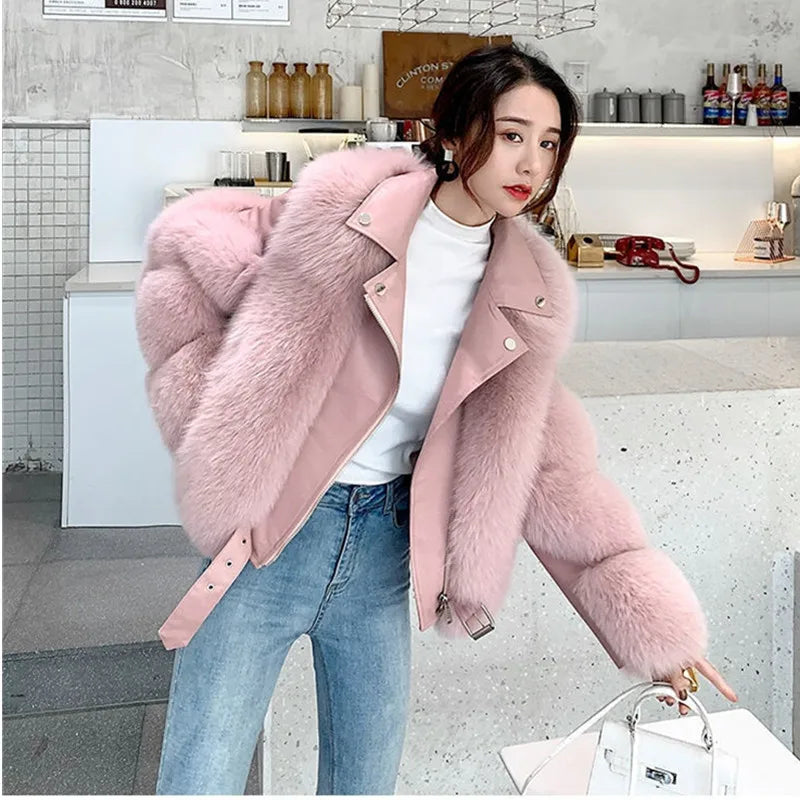 Women Fashion Warm Cardigan Fur Coat Winter Female New Korean PU Leather Imitation Fox Fur Medium Length Thick Haining Coats