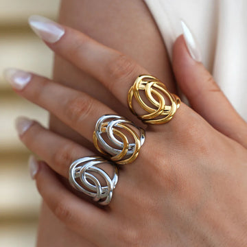 Stainless Steel Geometric Hollow Layered Wide Ring Metal Texture Waterproof Daily Simple Stylish Golden Jewelry for Women