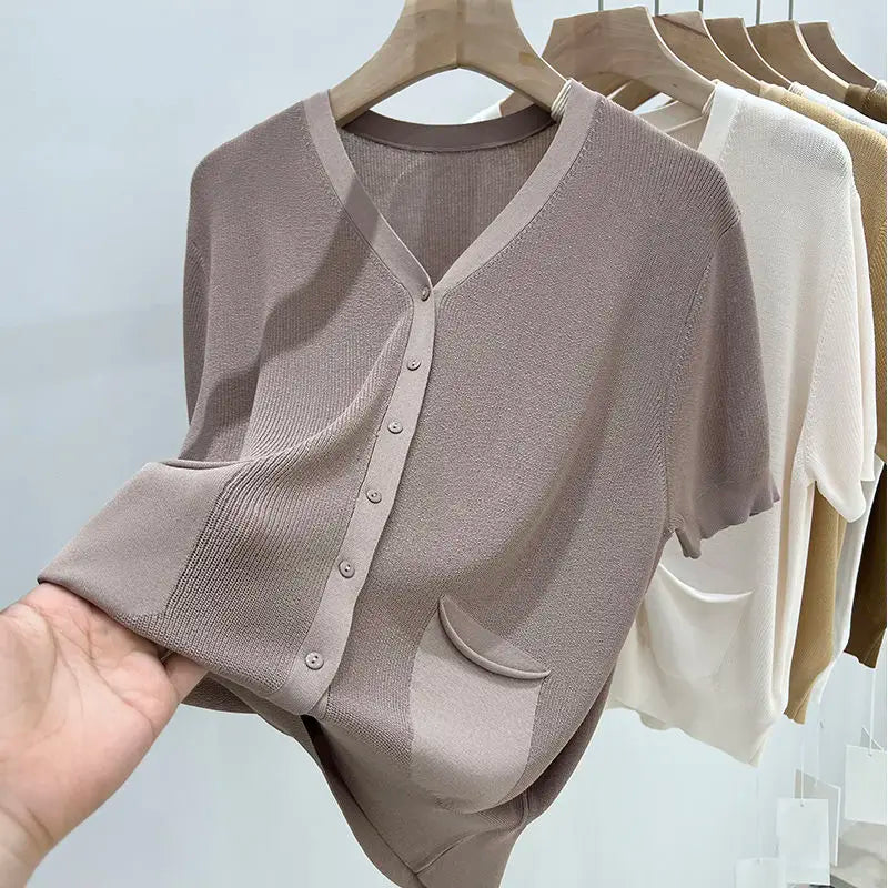 Summer Solid Patchwork Loose Knit T-shirt 40-100Kg Women Fashion V-neck Short Sleeve Top Tees False Cardigan Pockets Pullovers