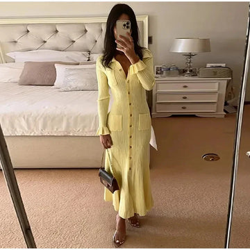 Elegant Knit Ribbed Single Breasted Long Dress Women Slim Lapel Flare Sleeve Pockets Female Dresses Autumn Lady Solid Robes