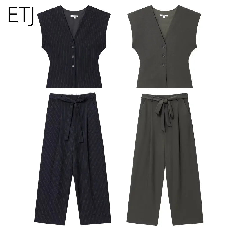 The new ETJ 2025 women's collection features a stylish and versatile sleeveless striped V-neck short vest and casual trousers