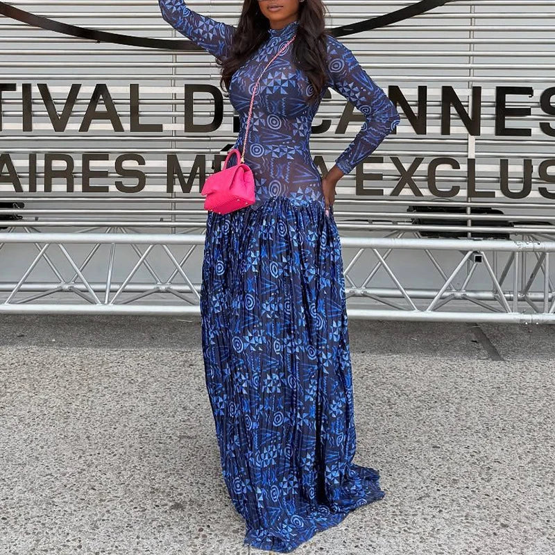 Fashion Perspective Swing Bohemian Dress Vintage Flower Printed Beach Robe Dress Autumn O-neck Long Sleeved Women's Casual Dress