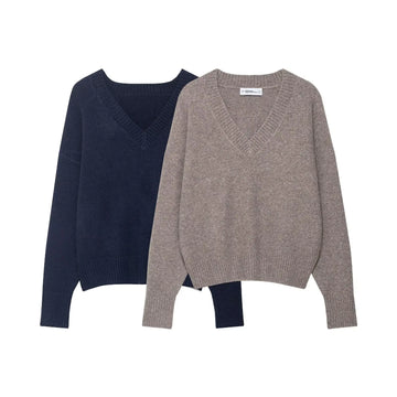 Zevity New Women Fashion V Neck Solid Color Soft Touch Knitting Sweater Female Chic Long Sleeve Simply Pullover Coat Tops SW9440