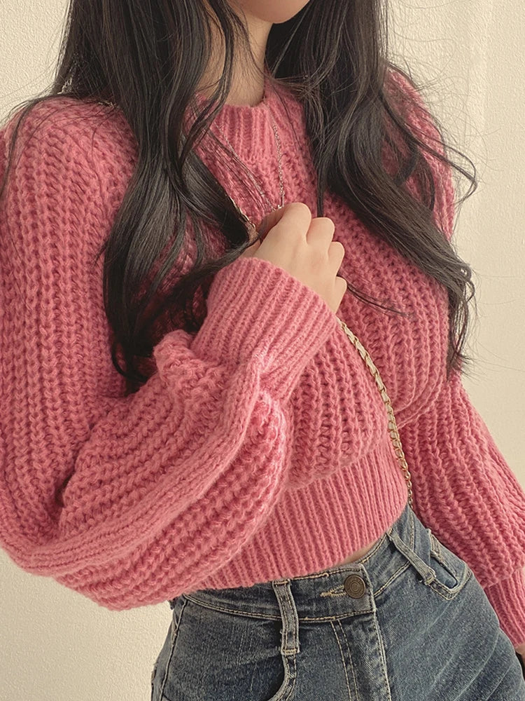 Sweater Women's Autumn And Winter Korean-style Age-reducing Pink Puff Sleeve Soft Waxy Season Fashion Loose Pullover Knitted Top
