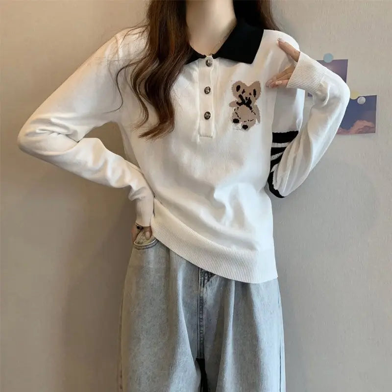 Autumn Winter New Polo Collar Long Sleeve Sweaters Women Clothing Casual Loose Knit Pullovers Lady Little Bear Embroidery Tops