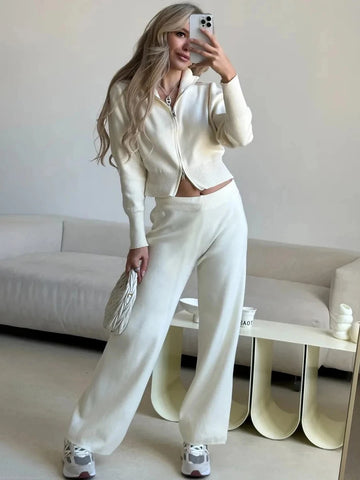 2025 Women's New Knit Zip Up Cardigan Wide Leg Pants Set Soft Fabric Cropped Elastic Waist Autumn Winter Fashion Sweater
