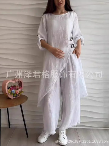 Women's Two Piece Set Solid Color Buttons Irregular Slit Long T Shirt Tops Loose Wide Leg Trousers 2 Piece Sets Casual Lady Suit