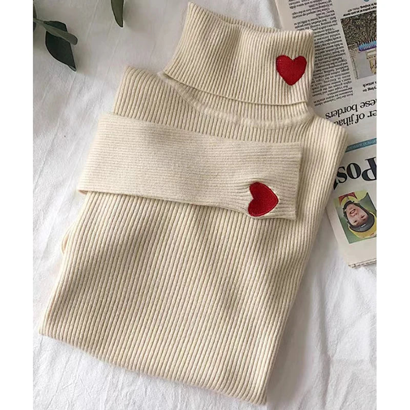 ITOOLIN Autumn Winter Women Heart Embroidered Pullover Turtleneck Knit Warm Sweaters For Women Slim Bottoming Causal Sweater