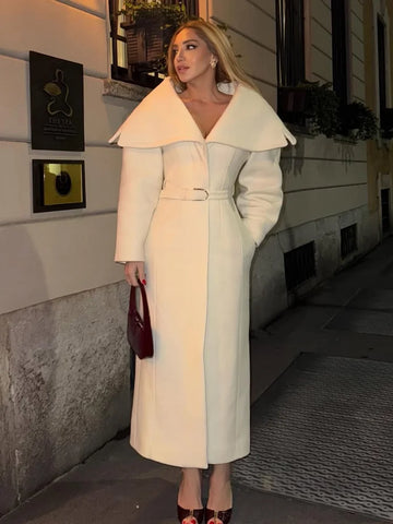 Woolen Big Turn-down Collar Belts Long Coat Women Split Single Breasted Elegant Long Sleeve Commute Jacket 2025 Winter Outerwear