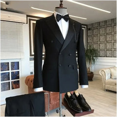 2 Pieces Jacket+Pants Black Suits for Men Peaked Lapel Double Breasted Bespoke Blazer Wedding Groom Tuxedos Prom Costume Homme