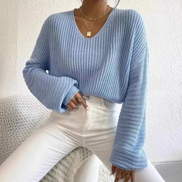 Knitted Sweater Women Pullovers New Long Sleeve V-Neck Black Knit Sweater Pullover Women Tops Knitwears Sueters De Mujer Q1174