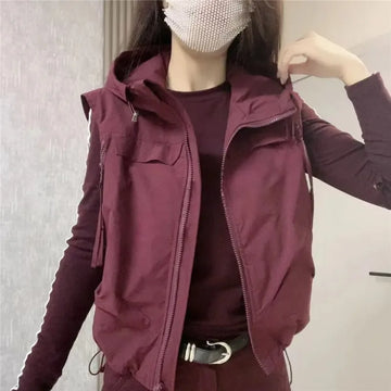 2025 Spring Korean Hooded Short Vest Women Fashion Sleeveless Jacket Loose Casual Zipper Waistcoat Female Outerwear Tide T1231