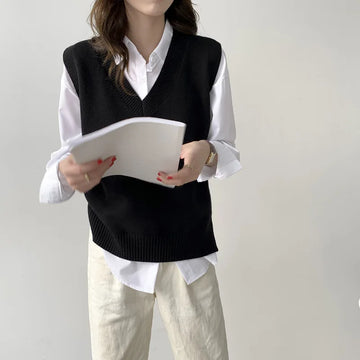 Autumn Winter Women's Knitted Vest Solid Color Casual Basic V-Neck Sleeveless Sweater Woman All-Match Grey Knitwear Waistcoat