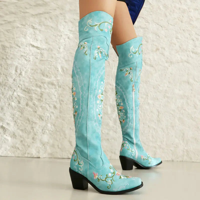 Vintage Blue Leather Flower Embroidery over Knee Boots Square Heel Western Boots Woman Princess Floral Embroider Knight Boots