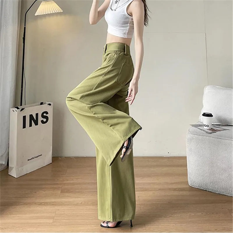 Summer New Jeans Womens High Waist Korean Fashion Straight Pants Baggy Casual Vintage Wide Leg Denim Trouser Streetwear T1295