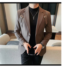 2024 Autumn Winter New Strap Decoration Suit Jacket for Men Fashion Slim Casual Business Blazers Groom Wedding Social Tailcoat