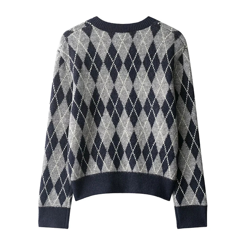 Women's Fashion Argyle knitted Sweater Autumn Winter V-Neck Long Sleeves Pullover Vintage Female Chic Tops