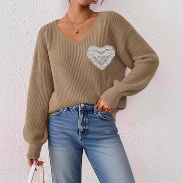Autumn and Winter Sweaters Women's V-neck Sweater Lace Inlaid with Brick Bows and Interfacing Bag Pullover Top