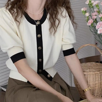 Women Vintage Short Sleeve Solid Knit Cardigan Summer Fashion All-match Black Apricot Patchwork Button Top Slim Thin Sweet Shirt