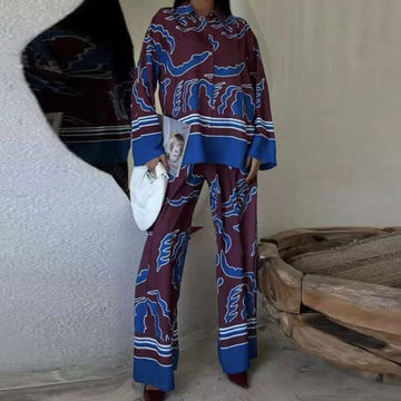 Printed long sleeved lapel button up shirt pants pants high street style two-piece casual home fashion commuting set