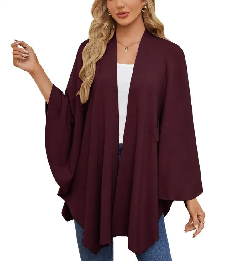 Elegant Shawl Wraps Soft Open Front Poncho Sweater Women Loose V-Neck Cape Casual Solid Color Soft Open Front Poncho Bat Shirt