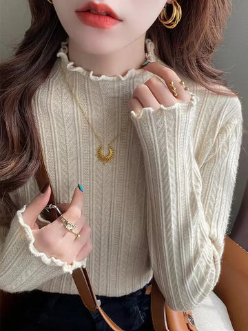Autumn Women's Knitted Pullover Sweater Sweet Solid Ruffles Half High Neck Long Sleeved Shirt Casual Slim Fit Knitwear