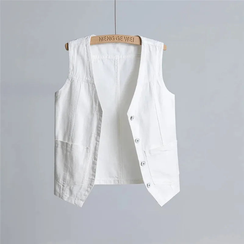 Spring New Women Short Denim Vest Single Breasted Korean Sleeveless Jacket Casual Thin Slim Jeans Waistcoat Female Tops T1115