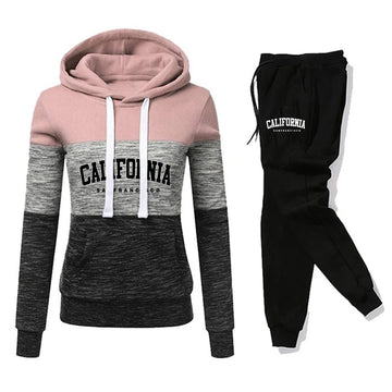 Womens Tracksuit Print Color Block Hooded Sweatshirt Black Sweatpants Fashion Versatile Pullover Street Fashion Casual Outfits