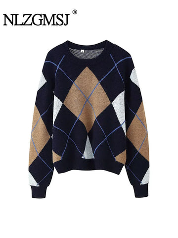Nlzgmsj 2025 Autumn Winter Vintage Plaid Knit Sweaters Women Long Sleeve O Neck Loose Thick Tops Fashion Thick Warm Sweaters